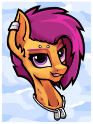 Size: 1001x1330 | Tagged: safe, artist:hc0, scootaloo, pony, bust, dog tags, ear piercing, earring, jewelry, older, piercing, portrait, solo