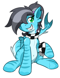 Size: 1150x1500 | Tagged: safe, artist:glimglam, oc, oc:pole position, original species, shark, shark pony, 2020 community collab, belly button, clothes, derpibooru community collaboration, female, grin, hair over one eye, head tilt, looking at you, ponytail, scarf, sharp teeth, simple background, sitting, smiling, solo, teeth, transparent background