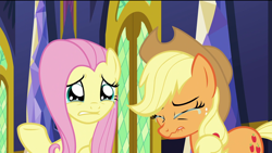 Size: 1920x1080 | Tagged: safe, screencap, applejack, fluttershy, earth pony, pegasus, pony, the last problem, crying, cute, female, lip bite, mare, sad, sadorable, teary eyes