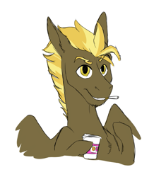 Size: 691x735 | Tagged: safe, artist:phobicalbino, oc, oc only, oc:zipperflash, pegasus, pony, cigarette, coffee cup, cup, male, next generation, offspring, parent:lightning dust, parent:thunderlane, parents:thunderdust, simple background, stallion, white background