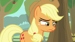 Size: 1280x720 | Tagged: safe, derpibooru import, screencap, applejack, earth pony, pony, going to seed, apple, apple tree, female, freckles, mare, sad, solo, tree