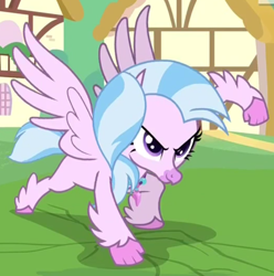 Size: 788x794 | Tagged: safe, screencap, silverstream, classical hippogriff, hippogriff, uprooted, cropped, female, ground, ponyville, punch, smashing, solo, superhero landing