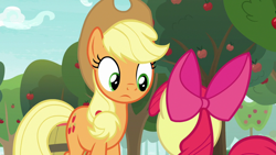 Size: 1920x1080 | Tagged: safe, derpibooru import, screencap, apple bloom, applejack, earth pony, pony, going to seed, apple, apple tree, tree