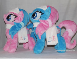 Size: 1024x783 | Tagged: safe, artist:peruserofpieces, aloe, lotus blossom, earth pony, pony, duo, female, irl, mare, photo, plushie, siblings, sisters, spa pony, spa twins, towel, twins