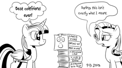 Size: 1200x675 | Tagged: safe, artist:pony-berserker, rarity, twilight sparkle, twilight sparkle (alicorn), alicorn, pony, unicorn, pony-berserker's twitter sketches, bibliophile, black and white, book, bookhorse, duo, female, grayscale, i can't believe it's not idw, imaginary friend, mare, monochrome, pile of books, rarity is not amused, signature, simple background, sketch, speech bubble, that pony sure does love books, thought bubble, unamused, white background