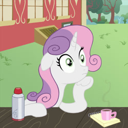 Size: 1000x1000 | Tagged: safe, artist:crystalightrocket, sweetie belle, pony, unicorn, ponyville confidential, spoiler:s09, blank stare, coffee, cup, female, filly, horn, leaning, mare, meme, meme interpretation, notepad, older, older sweetie belle, scene interpretation, solo, sudden clarity older sweetie belle, sudden clarity sweetie belle, text, two toned mane, white coat, wide eyes