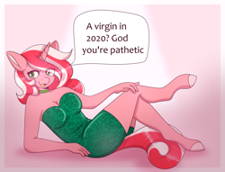 Size: 5000x3815 | Tagged: safe, artist:tuzz-arts, oc, oc only, oc:peppy revvy, anthro, unguligrade anthro, unicorn, 2020, alone on a friday night? god you're pathetic, anthro oc, female, hand on knee, mare, meme, simple background, solo