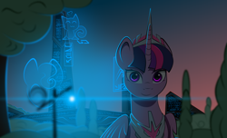 Size: 2800x1700 | Tagged: safe, artist:kody-arts, twilight sparkle, twilight sparkle (alicorn), alicorn, pony, city, cityscape, crown, folded wings, futuristic, hologram, jewelry, light, looking at you, peytral, regalia, smiling, solo, wings