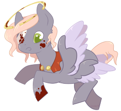 Size: 1690x1538 | Tagged: safe, artist:hirundoarvensis, oc, oc:(un)holy, pegasus, pony, bandage, blood, cape, chibi, clothes, double wings, eyepatch, female, halo, multiple wings, solo, stains, wings