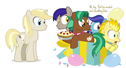 Size: 1375x750 | Tagged: safe, artist:dm29, oc, oc only, oc:colin nary, earth pony, pony, unicorn, birthday, derp, food, male, pie, stallion