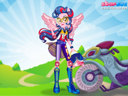 Size: 800x600 | Tagged: safe, artist:user15432, indigo zap, human, equestria girls, friendship games, boots, clothes, dressup game, elbow pads, goggles, helmet, knee pads, motorcross, motorcross outfit, motorcycle, motorcycle helmet, motorcycle outfit, peace sign, ponied up, shoes, sporty style, starsue, wings