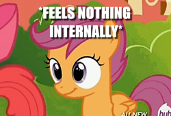 Size: 586x399 | Tagged: safe, edit, edited screencap, screencap, scootaloo, pegasus, pony, twilight time, caption, cropped, dead inside, female, filly, foal, image macro, meme, offscreen character, solo focus, text, x internally