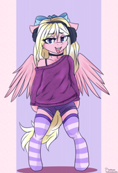 Size: 3000x4400 | Tagged: safe, artist:lakunae, oc, oc only, oc:bay breeze, pegasus, semi-anthro, bipedal, bow, choker, clothes, cute, female, hair bow, looking at you, mare, ocbetes, pegasus oc, shorts, simple background, smiling, socks, solo, striped socks, sweater