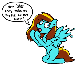 Size: 1200x1012 | Tagged: safe, artist:spokenmind93, oc, oc only, oc:ilovekimpossiblealot, pegasus, pony, angry, bronycon, derp, drama, female, kneeling, mare, simple background, speech bubble, spread wings, take that, white background, wings