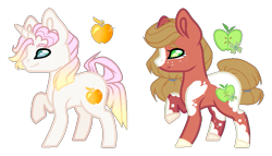 Size: 827x474 | Tagged: safe, artist:colacan-dy, artist:sweet-psycho-uwu, earth pony, pony, unicorn, apple, cutie mark, female, food, gold apple, half apple, magical gay spawn, magical lesbian spawn, male, mare, offspring, parent:applejack, parent:big macintosh, parent:rarity, parent:trouble shoes, parents:rarijack, parents:troublemac, raised hoof, stallion