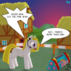 Size: 400x400 | Tagged: safe, artist:quint-t-w, surprise, pegasus, pony, blank flank, dialogue, headpiece, house, old art, party bomb, police tape, ponyville, solo, street, ticking