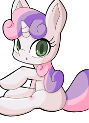 Size: 800x1100 | Tagged: safe, artist:nakayan, sweetie belle, pony, unicorn, blank flank, cute, diasweetes, female, filly, open mouth, pixiv, simple background, sitting, solo, white background