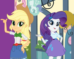 Size: 627x500 | Tagged: safe, applejack, rarity, equestria girls, clothes, hall, my little pony, smiling