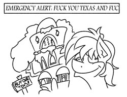 Size: 1672x1276 | Tagged: safe, artist:cowsrtasty, sandbar, pony, uprooted, black and white, buy our toys, derp, emergency alert system, grayscale, meme, moe syzlak, monochrome, sandbar is a goddamn moron, simple background, that was fast, treehouse of harmony, vulgar, white background