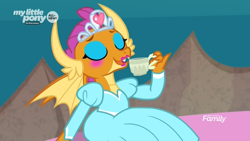 Size: 1920x1080 | Tagged: safe, screencap, smolder, dragon, uprooted, blush sticker, blushing, clothes, cup, cute, discovery family logo, dragoness, dream sequence, dress, eyes closed, eyeshadow, female, food, jewelry, lipstick, makeup, princess smolder, smolderbetes, solo, tea, teacup, tiara