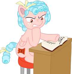 Size: 2986x3088 | Tagged: safe, alternate version, artist:poniidesu, cozy glow, pegasus, pony, /mlp/, angry, blue mane, blue tail, book, bow, cozy glow is not amused, cozybetes, curly mane, cute, desk, female, filly, foal, freckles, friendship journal, simple background, sitting, solo, stool, transparent background