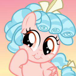 Size: 250x250 | Tagged: artist needed, source needed, useless source url, safe, cozy glow, pegasus, pony, marks for effort, bow, female, filly, freckles, gradient background, hair bow, raised hoof, solo, tail bow