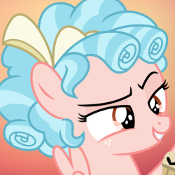 Size: 250x250 | Tagged: source needed, useless source url, safe, cozy glow, pegasus, pony, bow, female, filly, freckles, gradient background, hair bow, smiling, smirk, solo