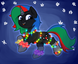 Size: 2000x1644 | Tagged: safe, artist:sb66, oc, oc only, oc:thinkpony, pony, unicorn, christmas, christmas lights, garland, holiday, lights, snow, snowflake, ych result