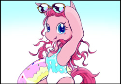 Size: 804x556 | Tagged: safe, artist:satouyuka, derpibooru import, pinkie pie, earth pony, pony, semi-anthro, alternate hairstyle, bipedal, clothes, cute, diapinkes, gradient background, inner tube, one-piece swimsuit, pixiv, solo, sunglasses, swimsuit