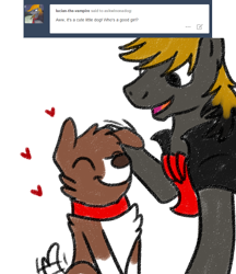 Size: 800x928 | Tagged: safe, artist:askwinonadog, winona, oc, oc:lucian the vampire, dog, vampony, ask, ask winona, duo, eyes closed, head pat, heart, male, pat, petting, simple background, stallion, tail wag, tumblr, white background