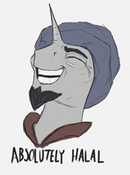 Size: 630x850 | Tagged: safe, artist:t72b, derpibooru exclusive, chancellor neighsay, pony, saddle arabian, unicorn, absolutely disgusting, absolutely haram, beard, facial hair, grin, halal, laughing, meme, ponified meme, smiling, solo, turban