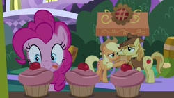 Size: 1920x1080 | Tagged: safe, derpibooru import, screencap, applejack, braeburn, pinkie pie, earth pony, pony, the summer sun setback, cupcake, food, that pony sure does love cupcakes