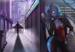 Size: 3000x2100 | Tagged: safe, artist:mintjuice, oc, oc:shadow diamond, anthro, bat pony, cyborg, anthro oc, bat pony oc, bat wings, car, city, clothes, cyberpunk, female, mare, night, street, weapon, wings, ych result