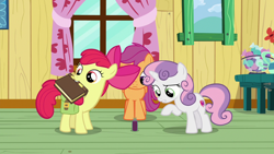 Size: 1280x720 | Tagged: safe, screencap, apple bloom, scootaloo, sweetie belle, pony, the last crusade, book, clubhouse, crusaders clubhouse, cutie mark crusaders