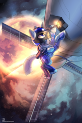 Size: 2000x3000 | Tagged: safe, artist:jedayskayvoker, oc, oc only, oc:pixel shield, pony, unicorn, astronaut, equestrian flag, floating, male, planet, solo, space, space station, spacesuit, working, ych result