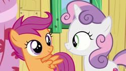 Size: 1280x720 | Tagged: safe, screencap, scootaloo, sweetie belle, pony, the last crusade, clubhouse, crusaders clubhouse