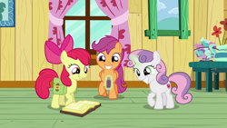 Size: 1280x720 | Tagged: safe, screencap, apple bloom, scootaloo, sweetie belle, pony, the last crusade, book, clubhouse, crusaders clubhouse, cutie mark crusaders