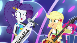 Size: 1920x1080 | Tagged: safe, screencap, applejack, pinkie pie, rarity, better together, equestria girls, spring breakdown, all good (song), bass guitar, drums, geode of super strength, keytar, magical geodes, microphone, musical instrument, sleeveless