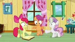 Size: 1920x1080 | Tagged: safe, screencap, apple bloom, scootaloo, sweetie belle, pony, the last crusade, book, clubhouse, crusaders clubhouse, cutie mark crusaders