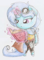 Size: 814x1116 | Tagged: safe, artist:ravenpuff, oc, oc:chilly heart, anthro, unguligrade anthro, book, chibi, female, magic, mare, solo, traditional art