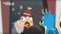 Size: 1655x918 | Tagged: safe, screencap, gallus, grampa gruff, griffon, uprooted, blind eye, coughing, derp, duo, eye scar, faic, gallus is not amused, majestic as fuck, male, open beak, reeee, scar