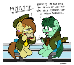 Size: 2236x1975 | Tagged: safe, artist:bobthedalek, oc, oc only, oc:bubble pump, oc:clippy ticket, earth pony, pegasus, comic:trottingham transport, chair, clothes, cup, diner, female, food, hat, jacket, male, sandwich, sweater, teacup, thick outline