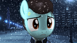 Size: 3840x2160 | Tagged: safe, artist:bastbrushie, earth pony, pony, robot, android, city, clothes, connor, detroit: become human, night, snow, snowfall, suit, winter