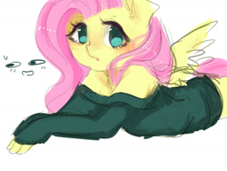 Size: 1280x960 | Tagged: safe, artist:marinakirby, fluttershy, anthro, bottomless, clothes, cute, female, looking at you, off shoulder, partial nudity, prone, shyabetes, simple background, solo, sweater, sweatershy, white background