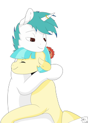 Size: 5000x7000 | Tagged: safe, artist:inky scroll, coco pommel, oc, oc:snowy blue, earth pony, pony, unicorn, canon x oc, cocowy, female, hug, male, mare, ring, simple background, stallion, transparent background