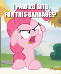 Size: 307x372 | Tagged: safe, edit, edited screencap, screencap, pinkie pie, earth pony, pony, every little thing she does, caption, cropped, floppy ears, image macro, reaction image, solo, text, unamused