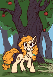 Size: 2067x2953 | Tagged: safe, artist:amy-gamy, pear butter, earth pony, pony, apple, apple tree, chest fluff, female, food, grin, looking at you, mare, raised hoof, smiling, solo, tree