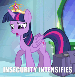 Size: 678x694 | Tagged: safe, edit, edited screencap, screencap, twilight sparkle, twilight sparkle (alicorn), alicorn, equestria girls, equestria girls (movie), animated, big crown thingy, caption, cropped, element of magic, gif, horses doing horse things, image macro, insecure, jewelry, pawing the ground, regalia, solo, text