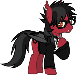 Size: 1385x1361 | Tagged: safe, artist:lightningbolt, derpibooru exclusive, bat pony, pony, .svg available, bat wings, clandestine industries, clothes, ear fluff, emo, equestria girls ponified, fall out boy, fangs, folded wings, frown, glasses, glow, hair over one eye, hoof on chest, jewelry, lidded eyes, looking at you, male, messy mane, necklace, pete wentz, ponified, shirt, simple background, solo, stallion, standing, suit, svg, transparent background, undershirt, vector, wings