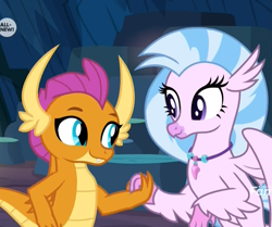 Size: 1291x1077 | Tagged: safe, screencap, silverstream, smolder, dragon, uprooted, cropped, cute, diastreamies, discovery family logo, dragoness, duo, female, holding hands, out of context, smolderbetes